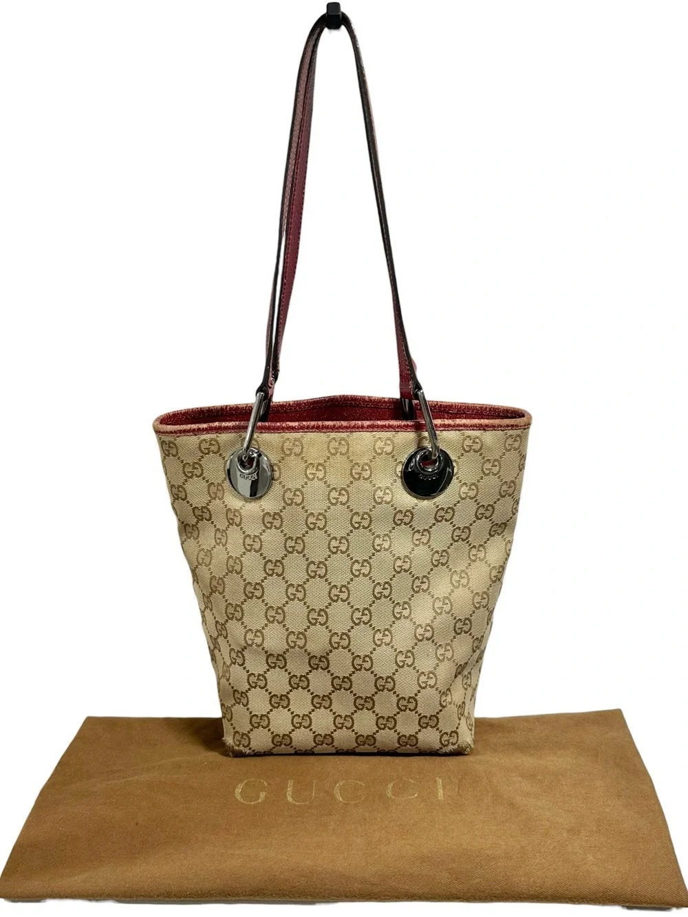 Gucci Eclipse Tan GG Monogram Canvas & Burgundy Red Leather Bucket Tote - Picture 9 of 14